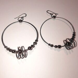 VTG Sterling Large Beaded Spiral Centre Hoop Dangle Earrings 2” / 2.75” Total
